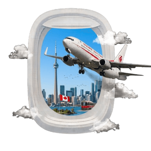 Hublot d'avion avec vue sur une ville canadienne