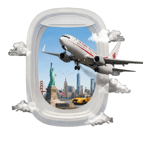 Hublot d'avion avec vue sur une ville américaine